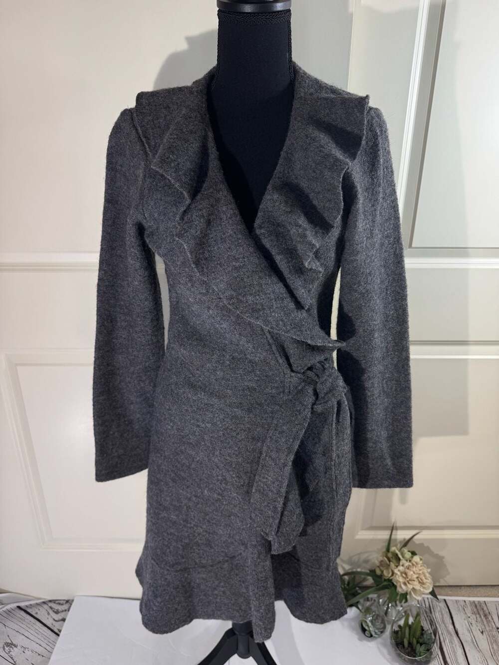 Fenn Wright Manson Women's Grey Wool Ruffle Front Wrap Long Cardigan Sweater S